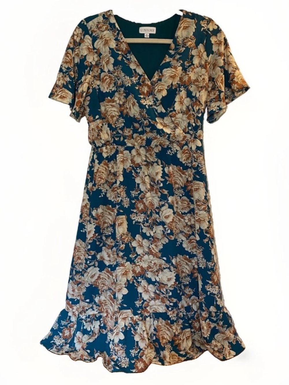 Luxology Medium Dress Floral Flutter Sleeve Teal Blue Midi A-line Ruffle Hem